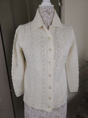 Wintuk Duet Vintage Ivory Pointelle Knit Button-Down Cardigan Sweater S
